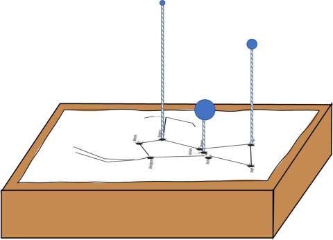 An illustration of a partly completed 3D model of the Orion constellation, showing labeled stars connected by lines. Vertical rods with blue spheres represent the relative distances of the stars from Earth, with the model constructed in a wooden frame.