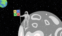 A cartoon of an astronaut standing on the Moon holding a flag. On the flag, there are the add, subtract, multiple and divide symbols