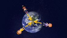 Planet Earth in space. Three children are standing on the planet. Arrows show the pull of gravity from where they are on the surface into the centre of the Earth.