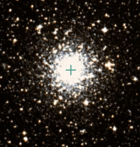 Lots of stars against a black background. Each star is a dot of varying sizes, and colours varying from white to orange to yellow. Though some are scattered around the edges of the image, most are concentrated in the centre which glows brightly as a result.