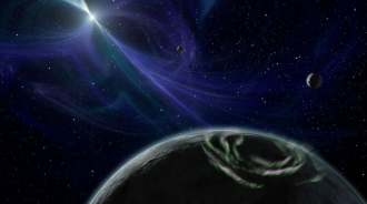 An artist's impression of the PSR B1257+12 planetary system, showing a pulsar emitting beams of radiation with planets orbiting in the dark, starry background. The closest planet has visible auroras at its pole.