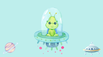 A cartoon of a green alien sitting inside a spaceship. The spaceship is shaped like a saucer and has a glass dome so the alien can see out.