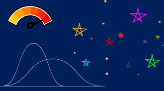 A dark blue background with graphics of stars in lots of different colours, on the left is a graph showing 2 bell curves and a thermomitor