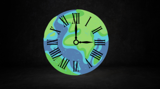 A cartoon planet Earth with a clock face on it against a black background.