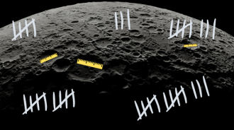 A photo of the surface of the Moon with tally marks and lines measuring crater sizes