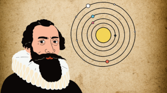 Cartoon image of Johannes Kepler with a parchment-like background. A diagram of a solar system is featured in the top right corner.