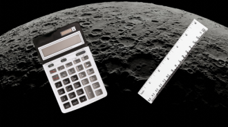 An image of a calculator and a ruler superimposed over a photograph of the moon's surface, suggesting the concept of measuring lunar mountains or features