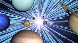 Images of the planets in our Solar System with blue lines indicating speed radiating from the centre of the image, where there is a bright light.