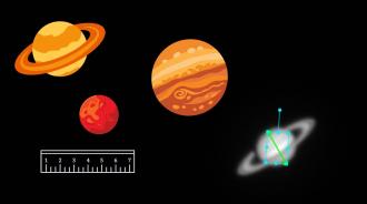 Pictures of different planets with a ruler next to them