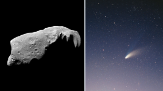 The image shows an asteroid in space on the left, and a comet viewed from Earth on the right.