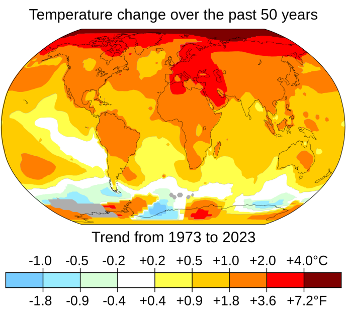 An infographic illustrating changes in average temperature, displayed in Fahrenheit. The graphic uses color gradients and numerical values to represent temperature shifts over time, indicating warming trends