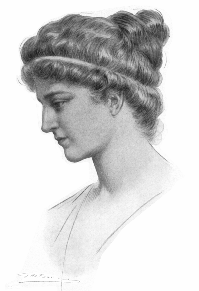 A fictional portrait of Hypatia which is the most reproduced image of her. The black and white drawing shows Hypatia's side profile.