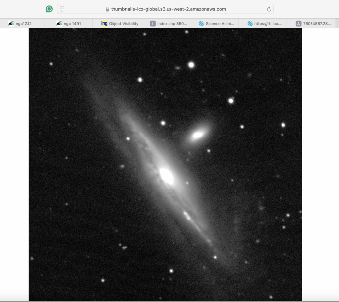 A screenshot of a browser with multiple tabs. The selected tab shows a blank white page with an image of a galaxy over it. The background of this image is black with some white dots of stars. The galaxy is in shades of grey, an elongated oval shape stretched towards the upper left and lower right. it has a bright, circular, white centre. There is dust in swirls along the oval.