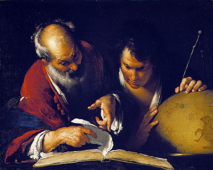 Eratosthenes is teaching a younger man. in the photo Eratosthenes is pointing at a book. The younger man is holding a celestial globe, indicating a focus on astronomy or geography. The painting is set in a dark background, highlighting the figures and their expressions of concentration