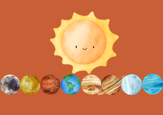 A cartoon Sun shining above a row of cartoon planets