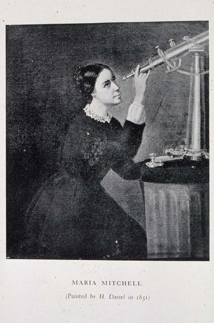 A painting of Maria Mitchell. She is sat down, using one hand to hold the end of a telescope whilst she looks through it. 