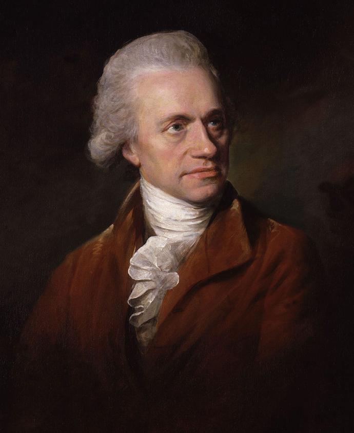 A portrait of William Herschel, the renowned astronomer who discovered the planet Uranus. He is depicted wearing 18th-century attire with a white cravat and brown coat, looking thoughtfully into the distance